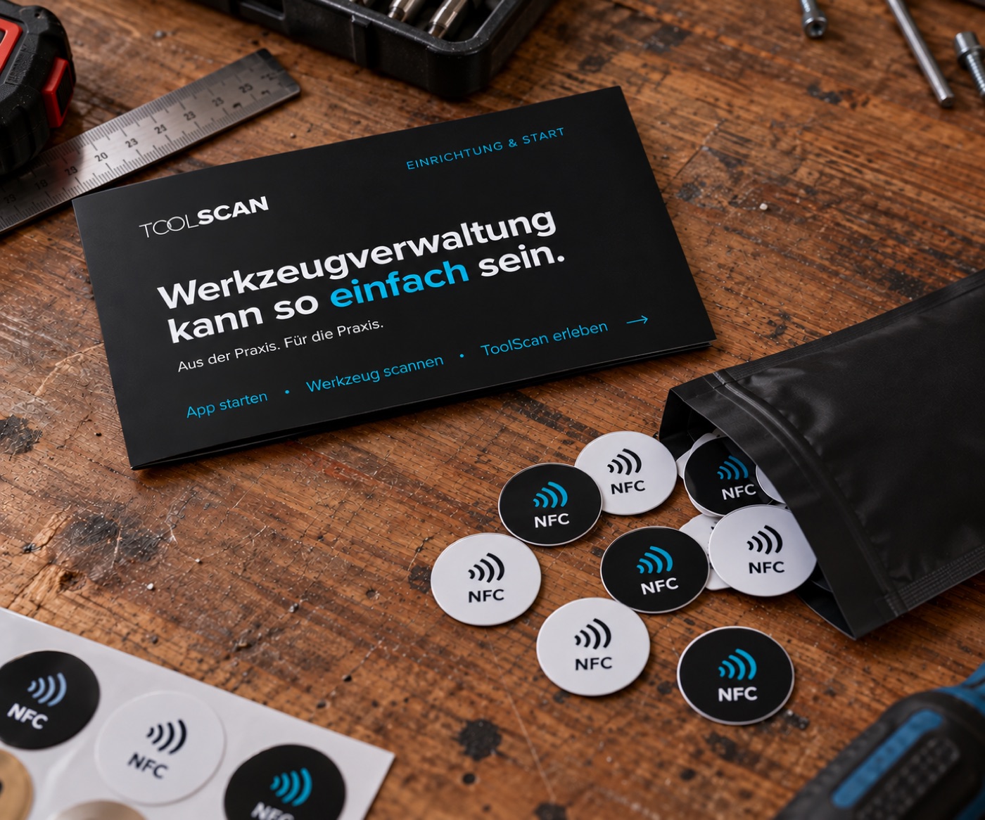 ToolScan Starterkit Lite: Kurzanleitung und NFC-Aufkleber auf der Werkbank