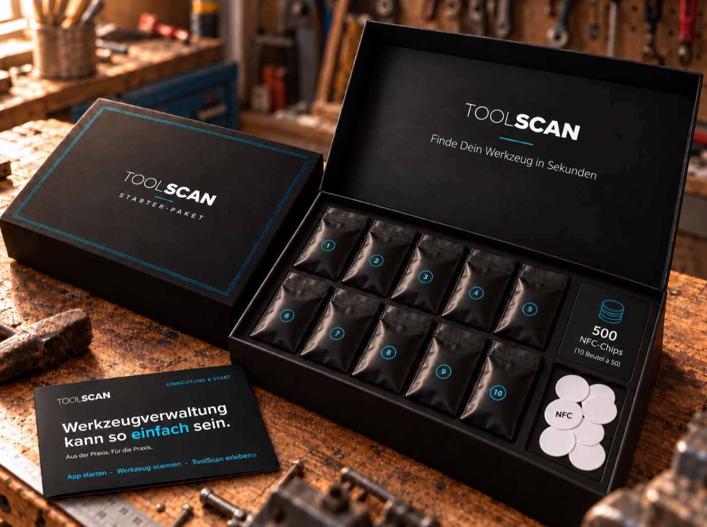 ToolScan Starter-Paket: Box mit NFC-Chips in nummerierten Beuteln